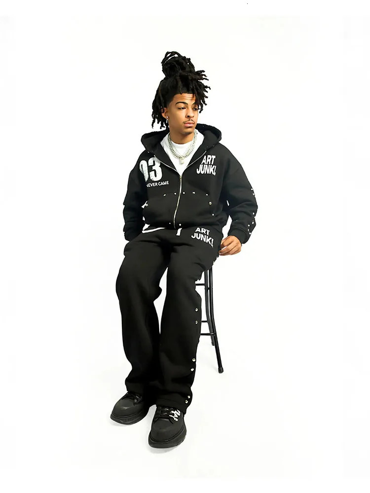 Gothic Punk Hip-Hop Style Mens Hooded Sweatshirt Y2K Retro Zipper-Style Street Harajuku Rock Style Y2K Clothing Two-Piece Set 250805