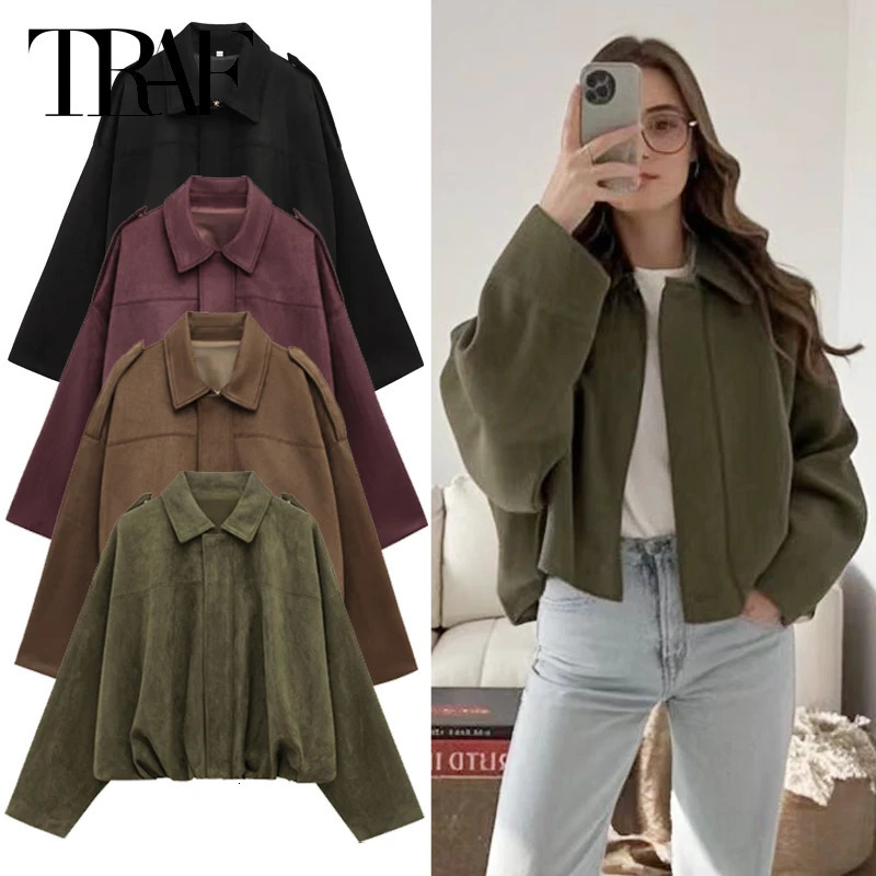 TRAF Woman Suede Bomber Jacket Green Khaki Outerwears Womens Jacket Spring Crop Oversize Long Sleeve Coats Chic Jacket 066 250804