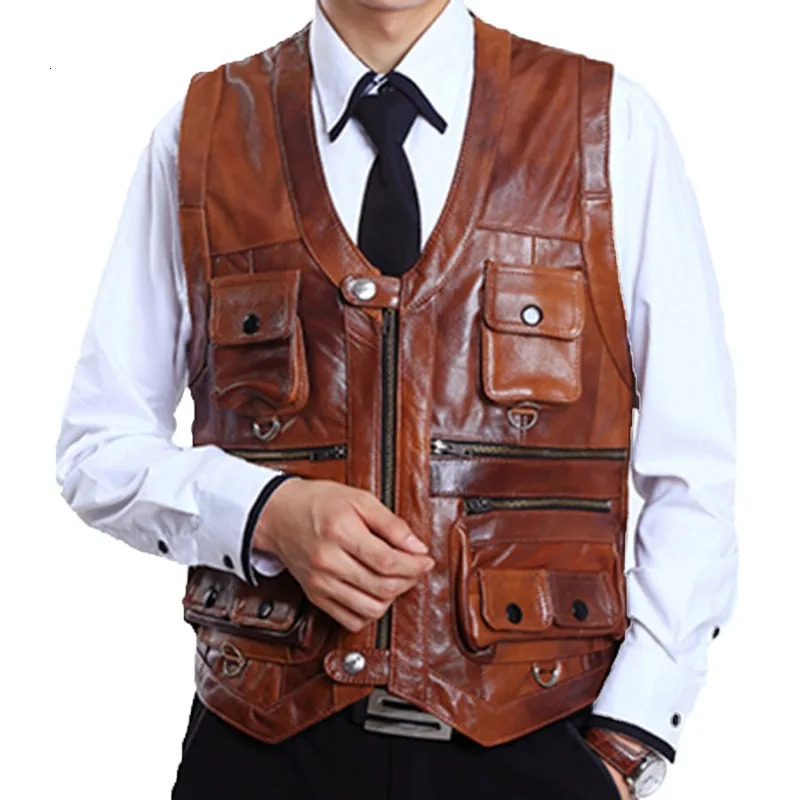 Cowhide Genuine Leather Vest Mens Brown Waistcoat Male Sleeveless Jacket Thick Motorcycle biker safety vest Multi Pocket coat 250804