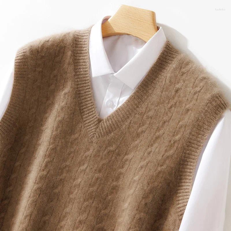 Men's Sweaters Merino Wool Autumn Winter V-Neck Vest Sweater Pullover Cashmere Long Sleeves Solid Color Fashion Soft Casual Clothing Top