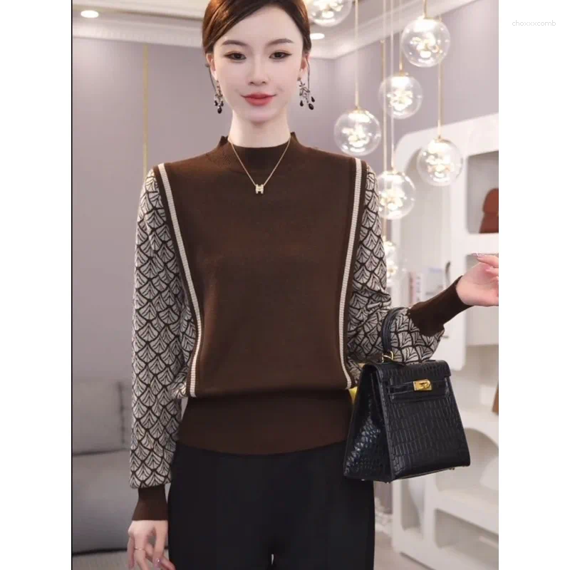 Women's Sweaters Fake Two-piece Jacquard Half-turtleneck Sweater Knitted Autumn And Winter Style Casual Versatile Elegant Ladies
