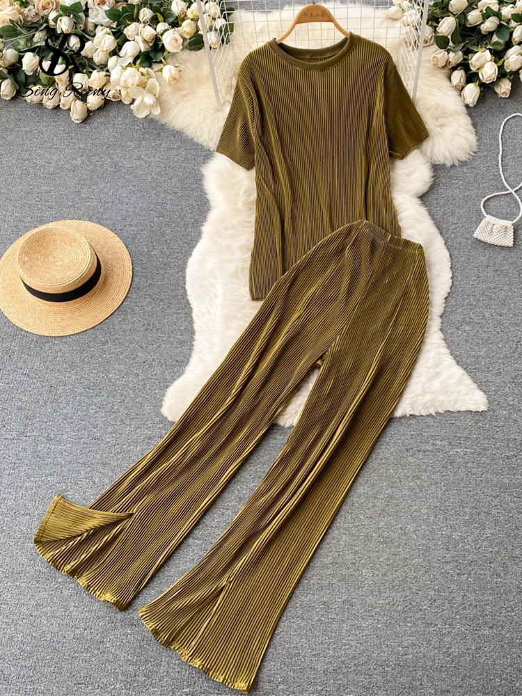 SINGREINY Pleated Fashion Solid Set Women Loose O Neck Tops Elastic Waist Split Wide Leg Long Pants Ladies Elegant Two Piece Set 250801