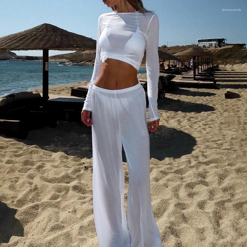 Women's Two Piece Pants Solid Color Mesh See-Through Casual Sunscreen Round Neck Basic Straight Set Summer Simple Comfortable