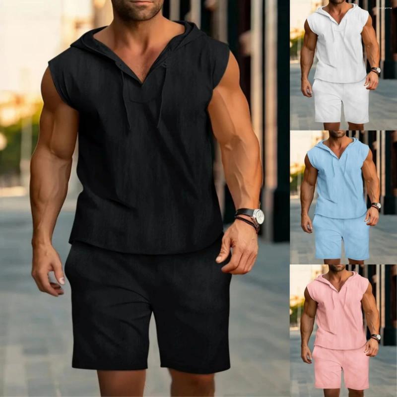 Men's Tracksuits Summer Casual Sleeveless Hooded Shirt And Solid-Colored Shorts Set Stylish Comfortable All-Cotton 2-Piece