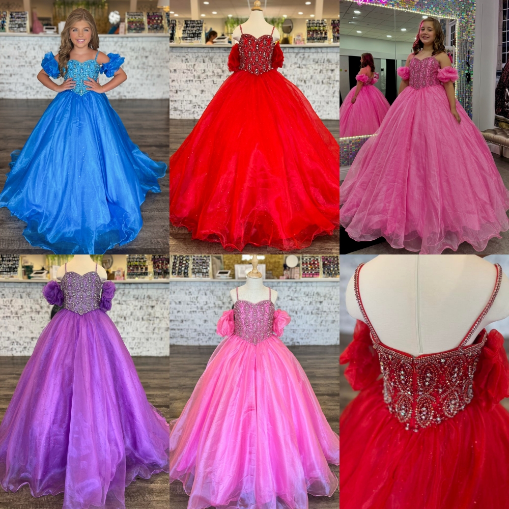 Rose rose rose ballgown girl concours robe 2026 manches gonflées cristaux paillettes petit enfant anniversaire robe de fête formelle adolescents