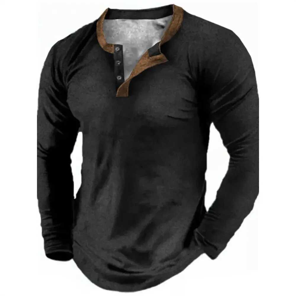 3D Printed Mens Fashion Vintage Button-Down Long Sleeve T-Shirt Solid Color Henley Shirts Spring Autumn Tees Tops Clothing W250806