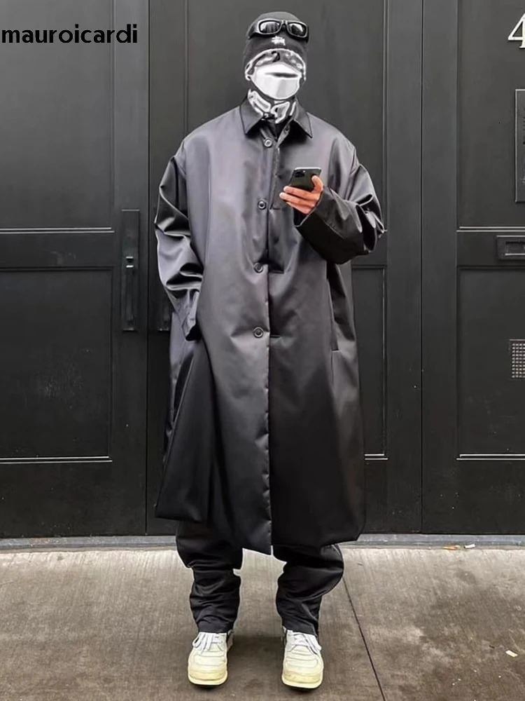 Mauroicardi Spring Autumn Long Cool Oversized Waterproof Black Trench Coats Men with Back Slit Single Breasted Loose Outerwear 250804