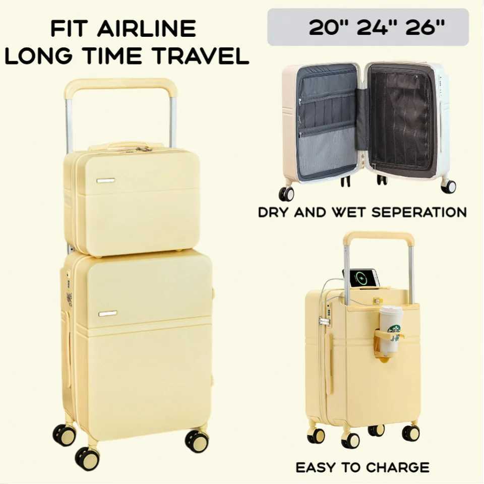 2024 New Design Large Capacity Suitcase Wide Handle Men Women Carry-On Luggage Travel Trolley Case USB Charging 20/24/26 inches W250805-image-1069931588