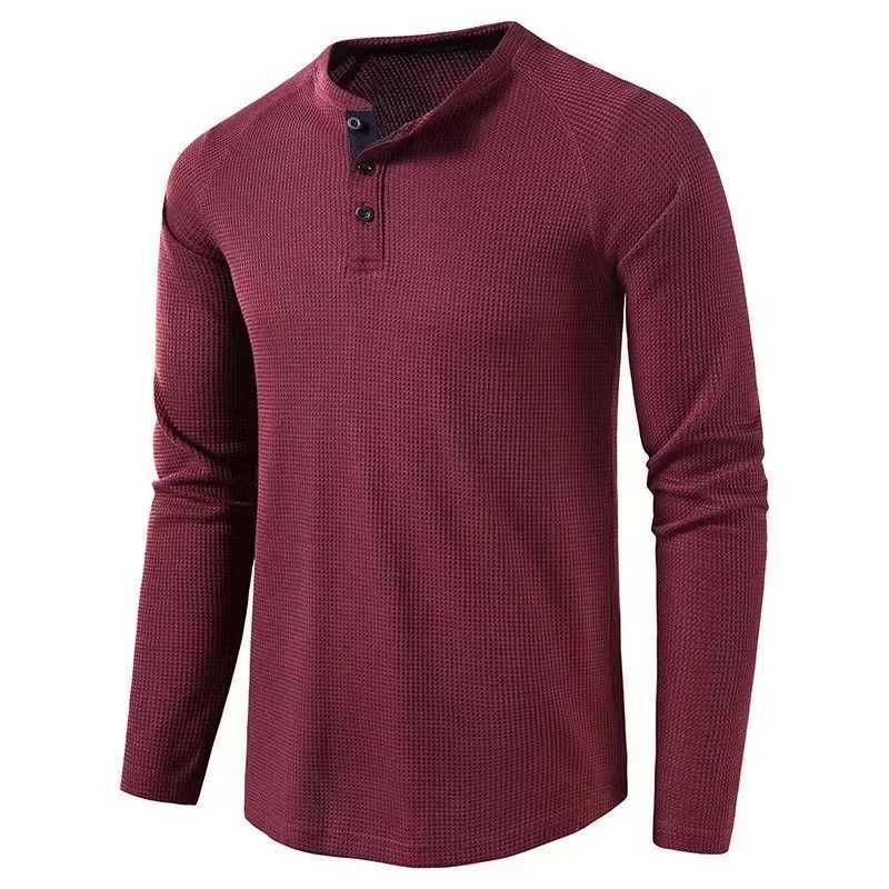 2024 Autumn/Winter Cross border Mens T-shirt European and American Foreign Trade Mens Solid Color Long Sleeve Waffle H W250806