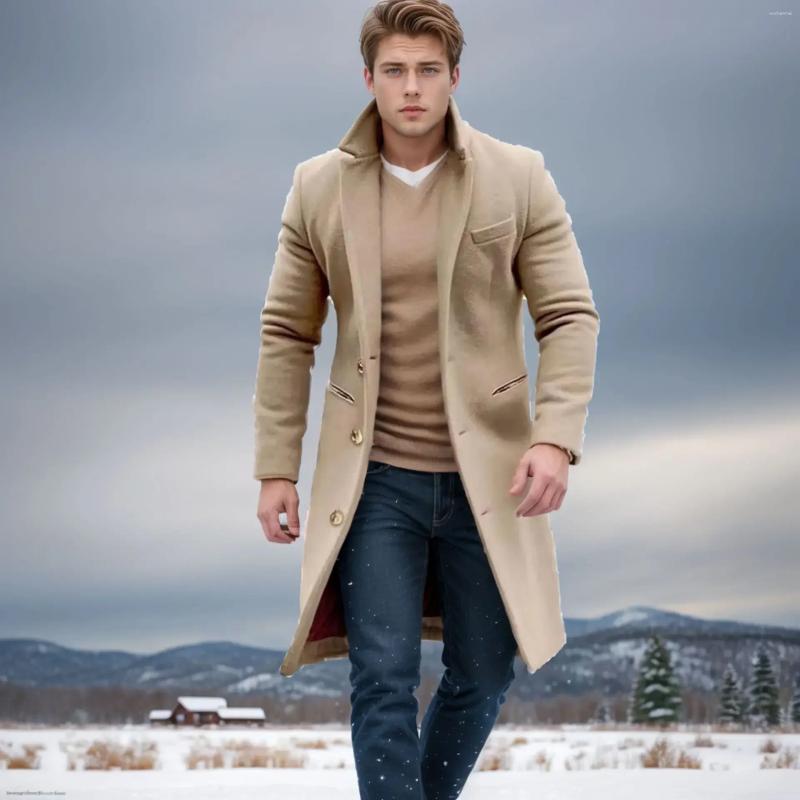 Men's Wool Elegant Casual Windbreaker Coat For Autumn And Winter Solid Color Button Long-sleeved Mid-to-long Style S-XXXL