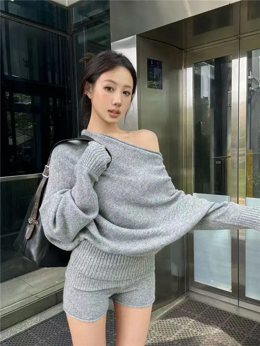 Korejpaa Elegant Sweater Short Sets Women Autumn Winter Slanted Shoulder Knitted Sweaters High Waist Shorts Two Piece Set 250804