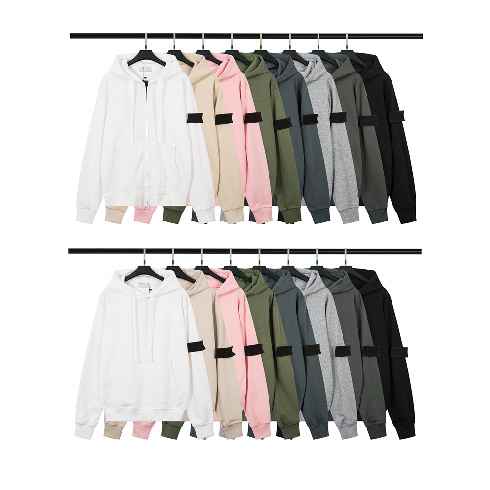 Designer Hoodie embroidered compass badge thick terry cotton drawstring zipper pockets with inside labels for Mens and Women