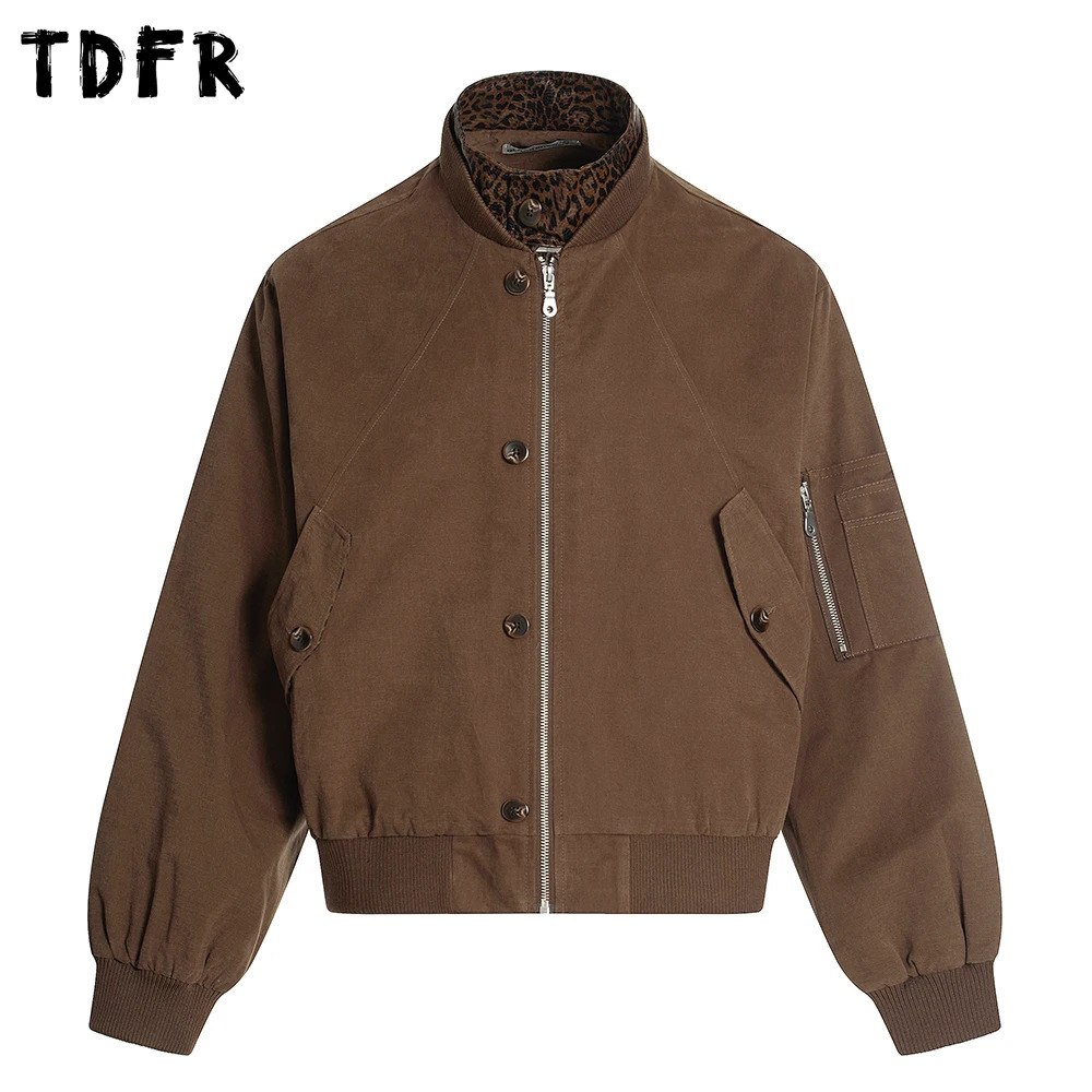 Leopard Patchwork Cargo Jacket Mens Pocket Retro Autumn Spliced Stand Collar Long Sleeve Outerwear Man 250804