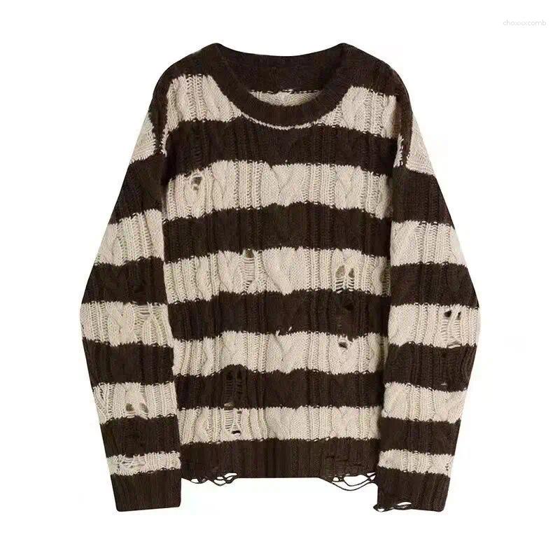 Women's Sweaters Y2K Striped Hole Women Autumn Winter Oversize Hip Hop Mid-Length Pullovers Harajuku Chic Design Casual Streetwear Tops