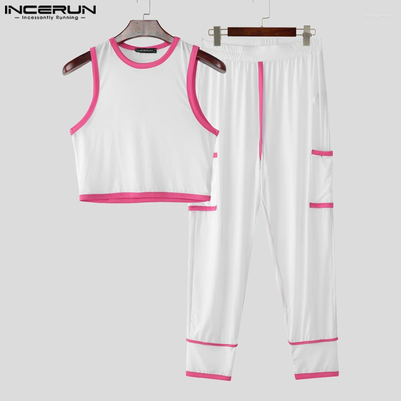 Men's Tracksuits INCERUN Men Sets Patchwork Sleeveless Crop Tank Tops & Pants Two Pieces Summer Streetwear 2025 Loose Casual Suits