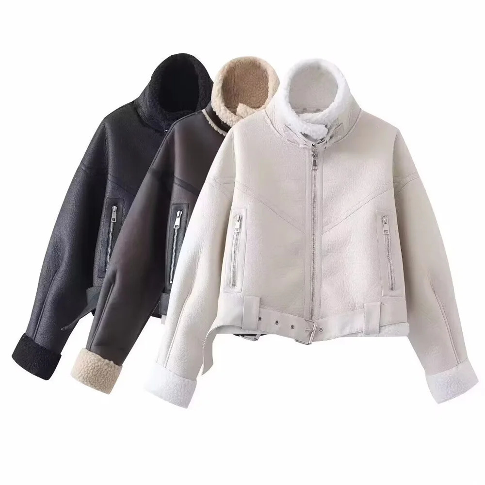 Motorcycle suit womens winter fur integrated lamb fur coat womens winter autumn and winter thick short top women 250804