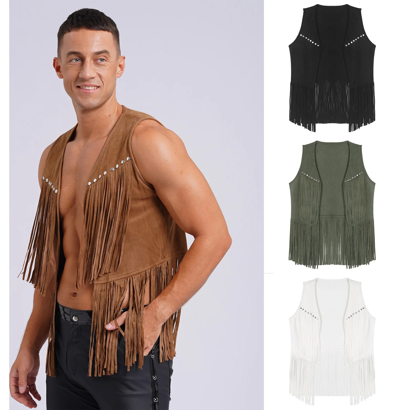 Mens Faux Suede Tassel Vest Coat Punk Western Cowboy Costume Fashion Rivets Fringe Waistcoat Open Front Sleeveless Jacket Tops 250804