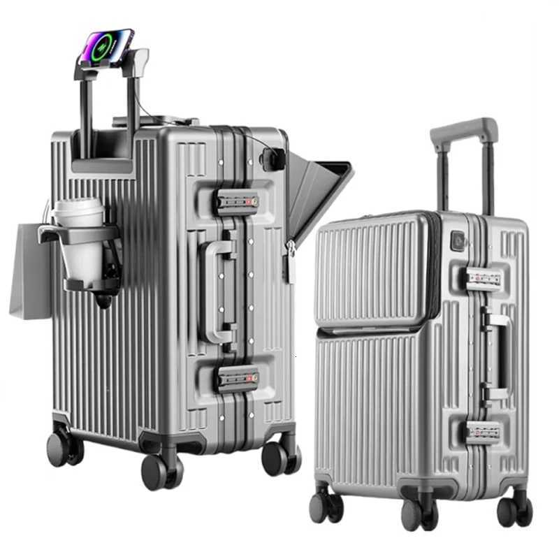 Aluminum Frame Suitcase Front Opening Cabin Luggage with USB Cup Holder Female Trolley Case Male Brake Wheel Travel Suitcase W250805-image-1069932027
