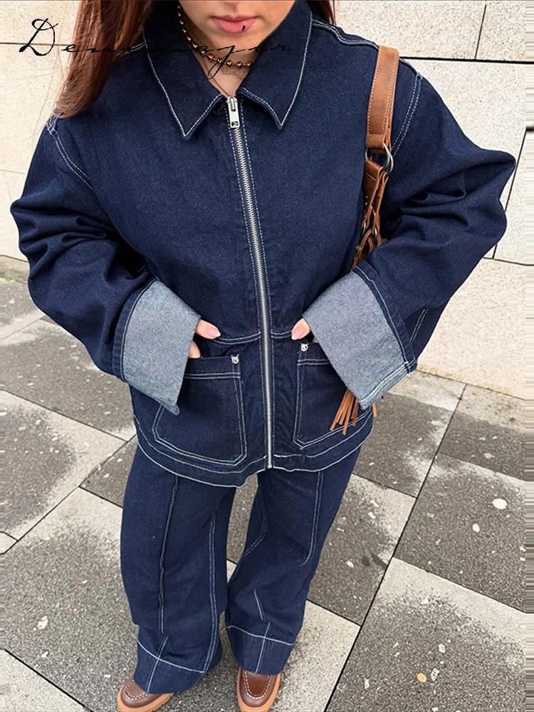 Women's Two Piece Pants Patchwork Denim Jackets Sets Women Baggy Lapel Zipper Pocket Top Straight Leg 2025 Spring Casual Street Female Suits