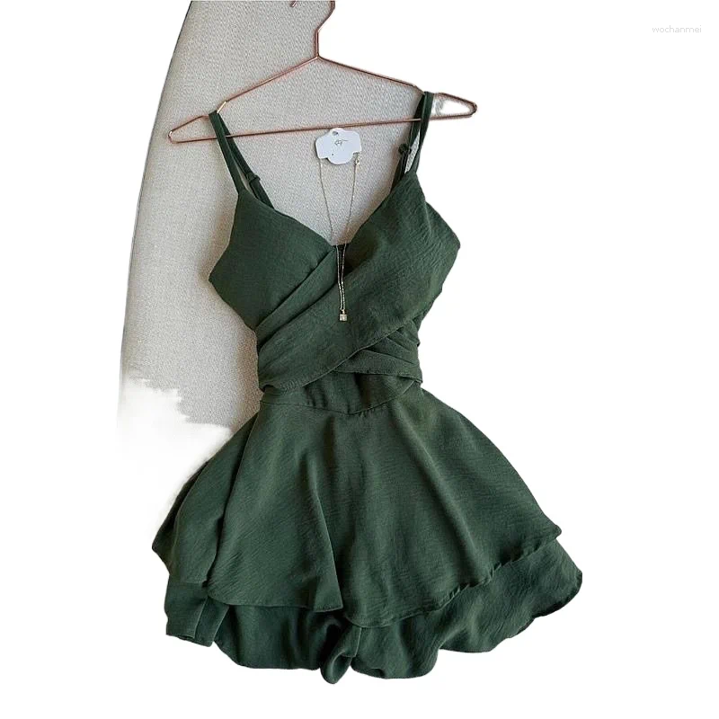 Casual Dresses Super Good-looking Green Suspender Dress For Women's Summer High-end Unique Seaside Vacation Collar Slim Elegant