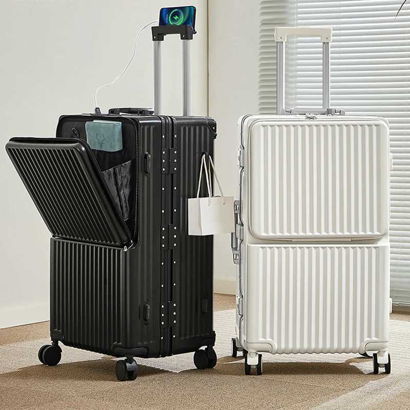 2025 New Large Capacity Front Opening Suitcase 20/30 inch Aluminum Frame Luggage with USB Cup Holder Laptop Bag Travel Suitcases W250805-image-1069932244