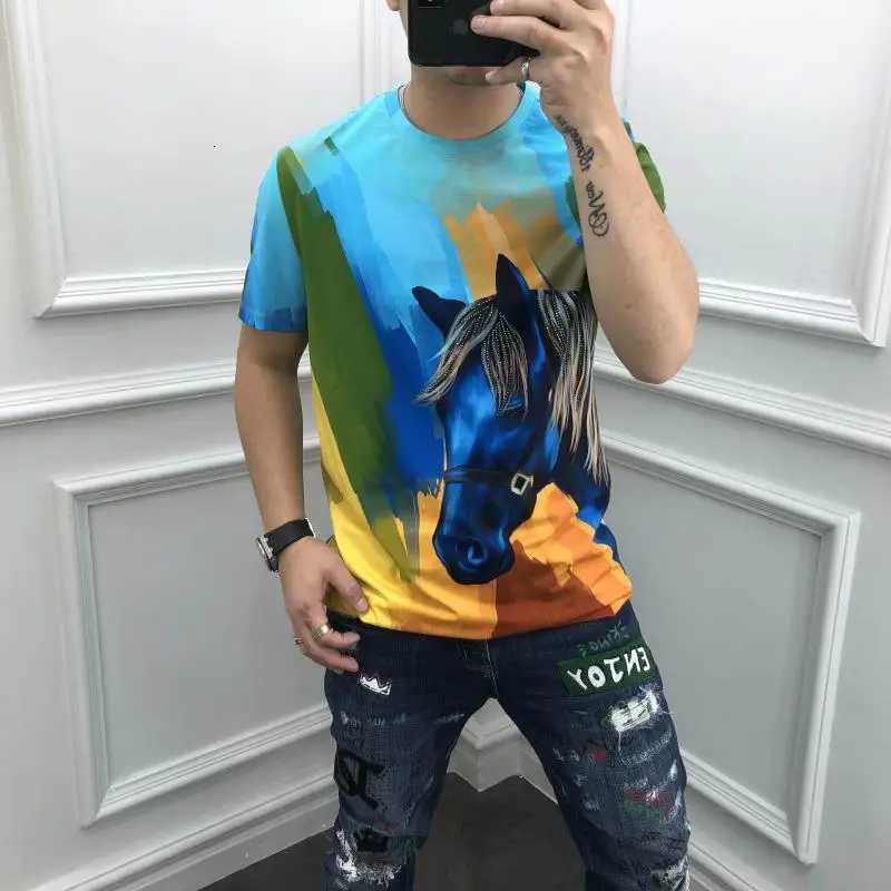 Summer New European Fashion Slim-fit Casual Round Neck Rhinestone Print T-shirt Mens Short Sleeve W250806