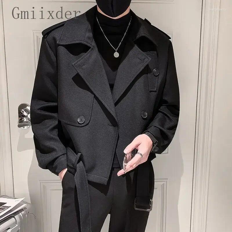 Men's Jackets Woolen Jacket Korean Elegant Loose Cool Casual Button Stitched Waistband Coat Autumn Winter Short Windbreaker