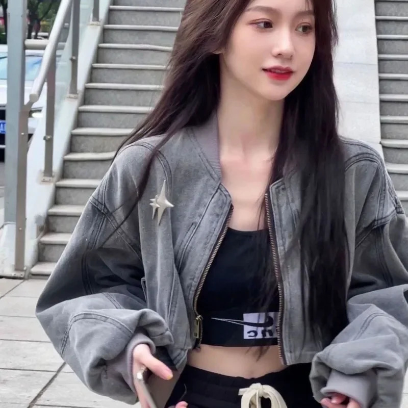 Grey Women Denim Jackets Y2k Cross Crop Hippie Streetwear 90s Oversize Zip Jackets Coat Harajuku Womens Clothing 250801