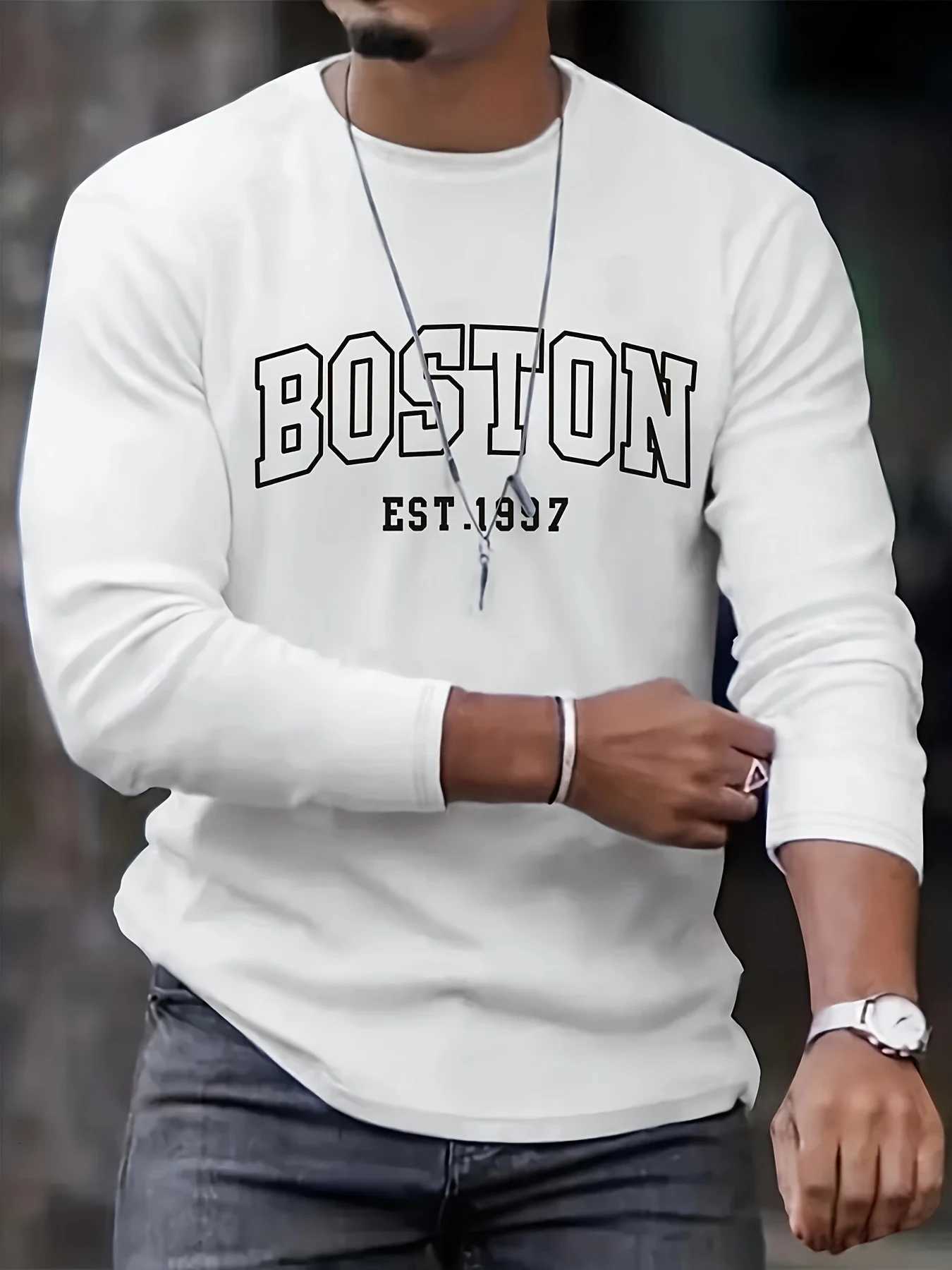 Mens 100% pure cotton loose fit plus size comfortable casual sports Boston letter printed round neck long sleeve T-shirt top W250806