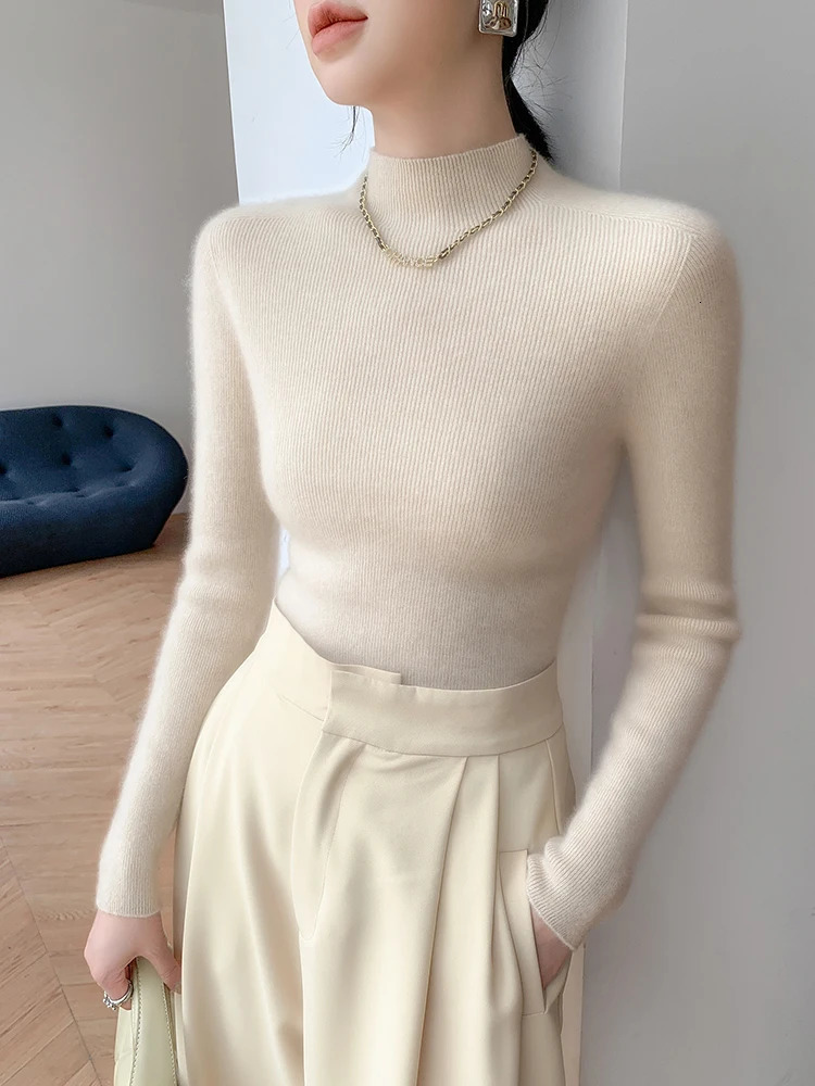 Women 100% Cashmere Sweater Mock Neck Pullover Autumn Winter Slim Basic Cashmere Knitwear Soft Warm High Strecth Pullover Tops 250801