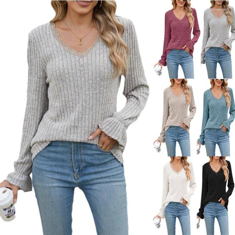 Women's Sweaters 2025 Cross-border Autumn Product Explosion Solid Color Pit Strip Polished Casual V-neck Lace Long-sleeved Bottoming Shirt