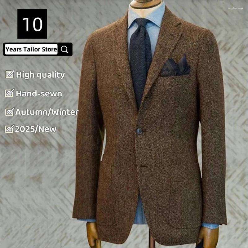 Men's Suits Herringbone Pattern Jacket Slim Fit Suit Retro Classic Brown And Gray Plaid Woolen Coat Gentleman Runway Style