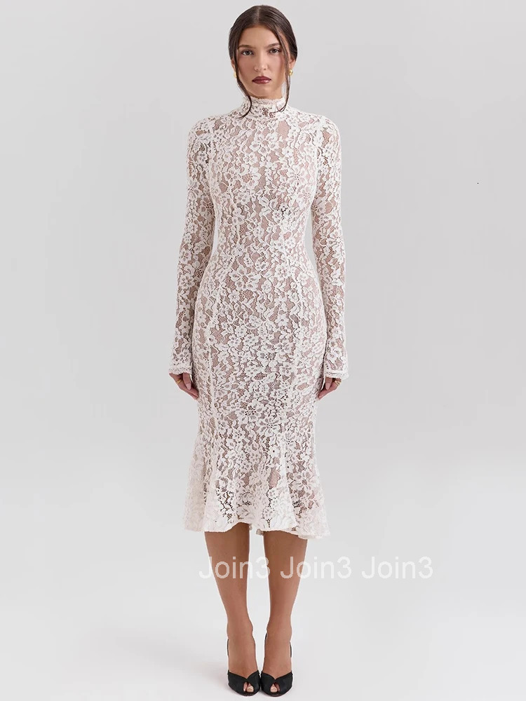 Mozision Lace Long Sleeve Sexy Midi Dress For Women Elegant White Half High Collar High Waist Bodycon Club Party Sexy Long Dress
