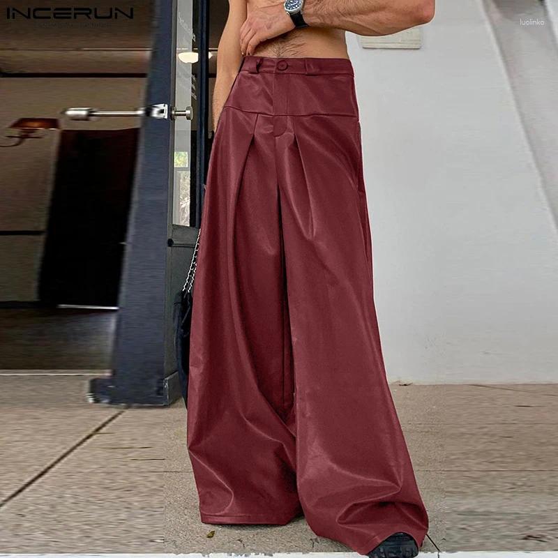 Men's Pants INCERUN Men Wide Leg Solid PU Leather Fashion Party Casual Long Trouser Streetwear Pantalons Oversize Clothing