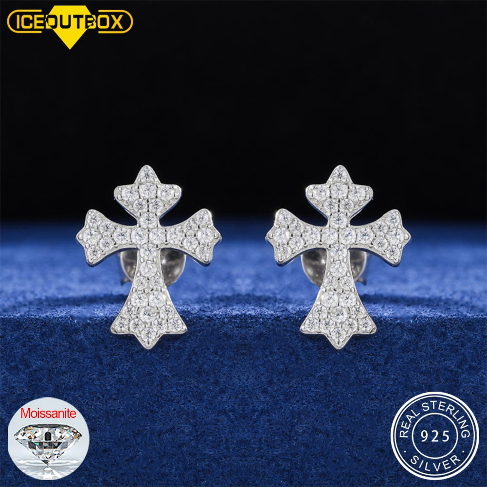 ICEOUTBOX S925 Full Cross Stud Earrings For Women Men Hiphop Party Jewelry 100% 925 Sterling Silver Sparkling Wedding 250806