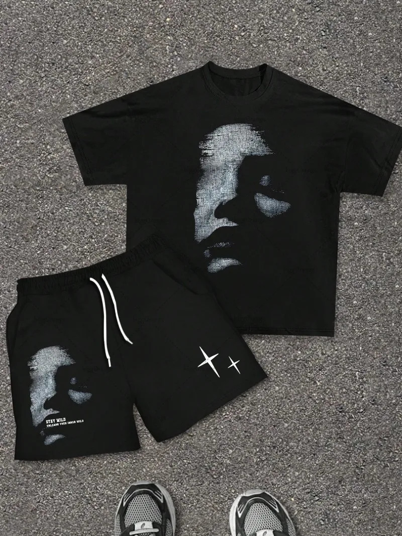 High Street Fashion Clothing American Harajuku Retro Casual Loose Cotton Men Set Street Hip Hop Fashion Y2K Punk Short Sleeve 250805