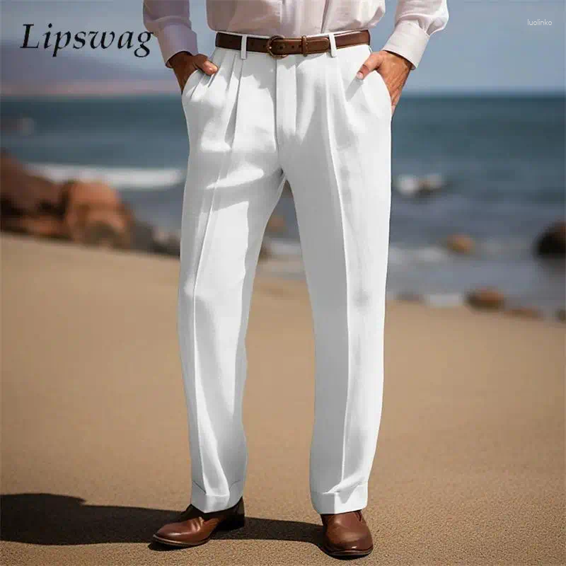 Men's Pants Spring Autumn Casual Trousers Mens Solid Color Pleated Loose Straight Men Daily Leisure Breathable Linen Western