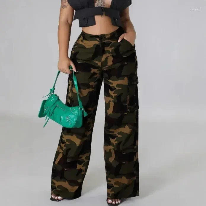 Women's Pants Europe Christmas Out Fashion Loose Camouflage Cargo High-waisted Military Multi-pocket