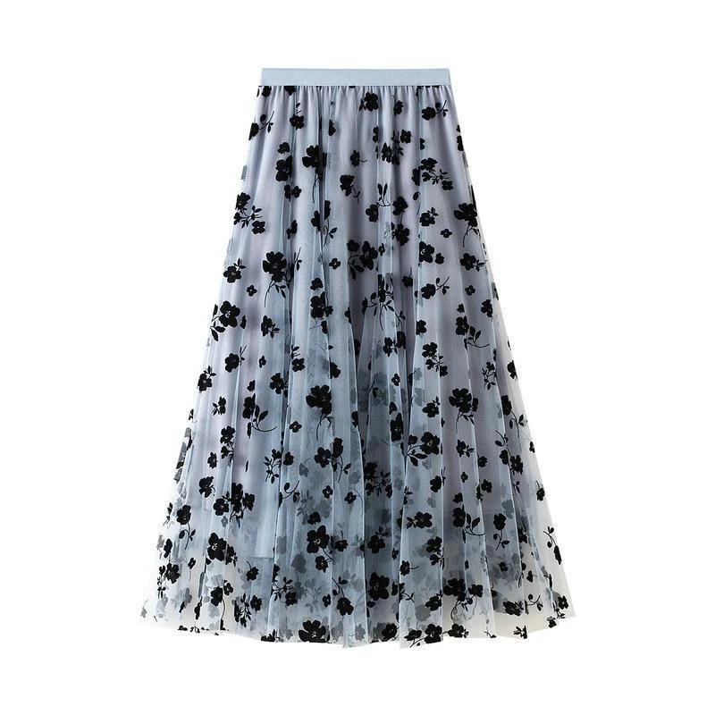 Elegant Floral Women Tulle Skirts High Waist Korean Flocking Pleated Midi Skirts Mesh Summer Office Ladies Skirt 250801