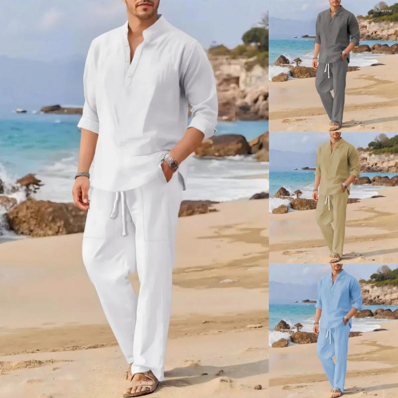 Men's Tracksuits Retro Cotton Linen Stand-Up Collar Long-Sleeved Suit Spring-Autumn Fashionable Loose Pure-Color Two-Piece Set