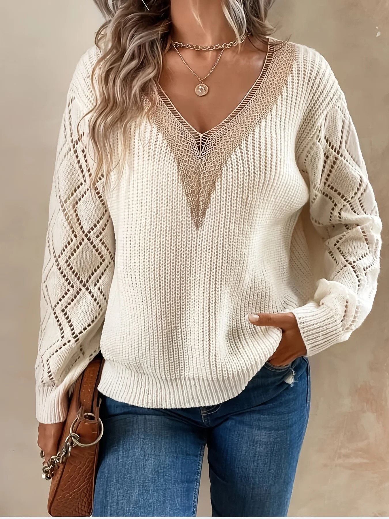 Solid V Neck Knitted Sweater Hollow Out Long Sleeve Casual Sweater For Fall Winter Womens Clothing250804