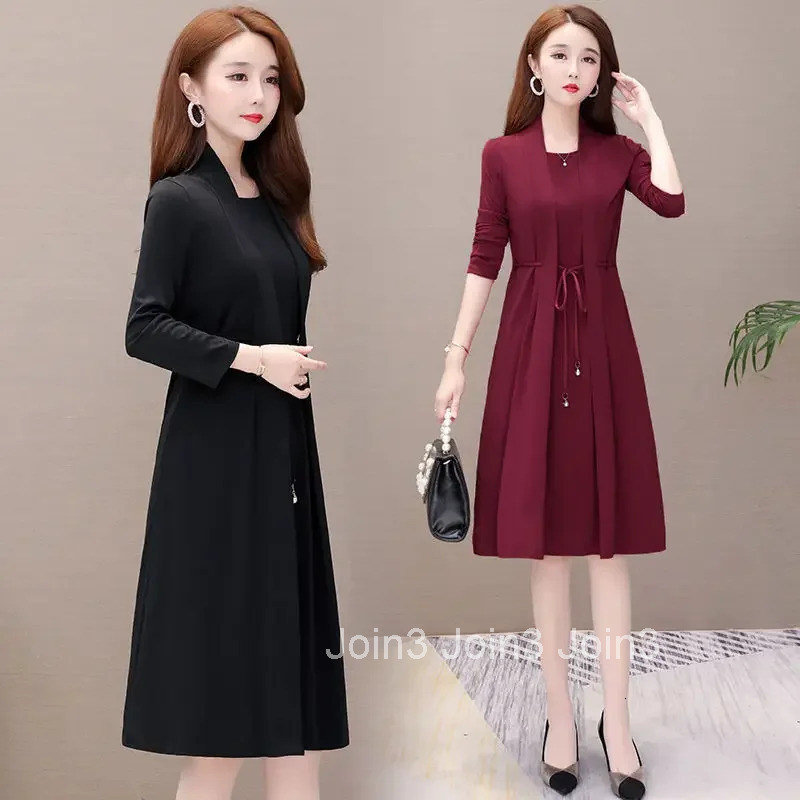New Spring-autumn Womens Clothing Two-piece Illusion Long Sleeve Dress Medium-length Slimming Smoothing Effect