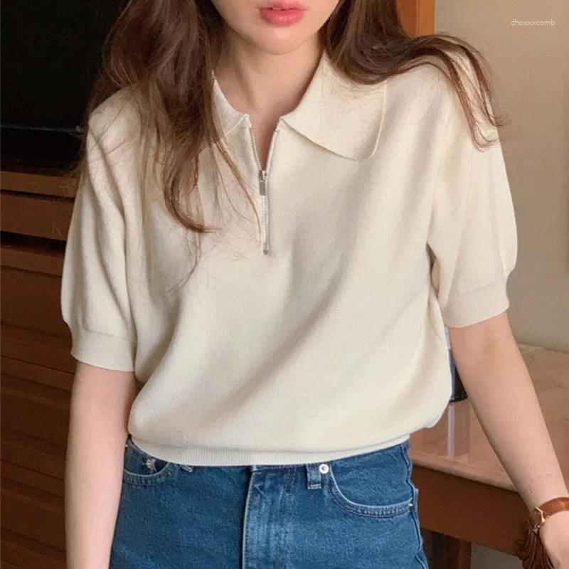 Women's Sweaters Shintimes Knitted Short Sleeve Sweater Women Summer Thin Zipper Turn Down Collar Basic White Korean Fashion Crop Tops