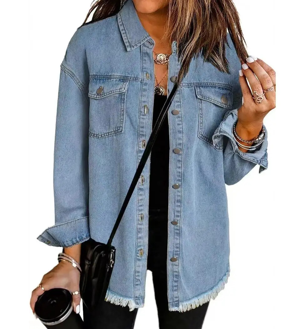 Women Denim Shirt Full Length Jackets Single Breasted Outerwear Washing High Street Cardigan Pockets Loose Coat 250801