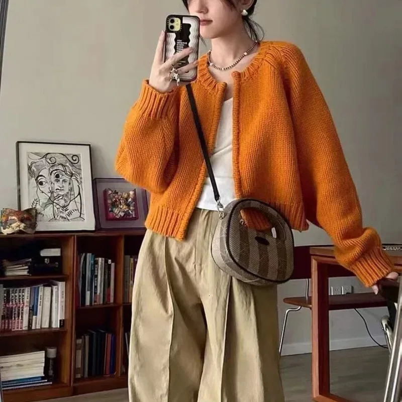 Korean Women Knitted Sweater Autumn Winter Chic Loose Long Sleeve Cardigan Tops Simple Solid Color Sweater Jacket 250804