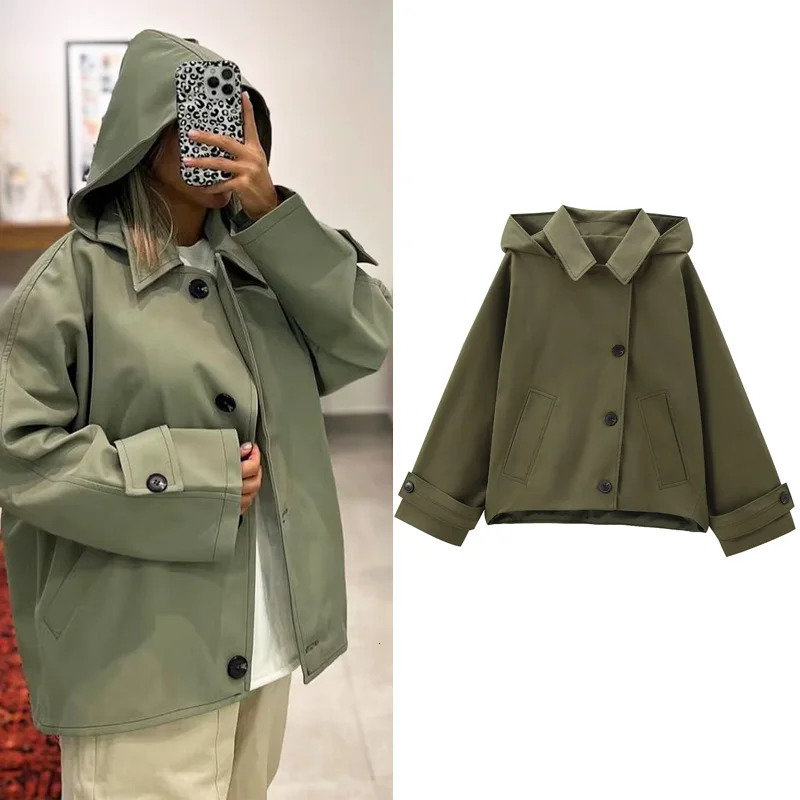 TRAF Green Warm Winter Hooded Jackets Womens Autumn Outdoor Oversized Bomber Jacket Coats Demi-Season Windbreak Outerwears 250804