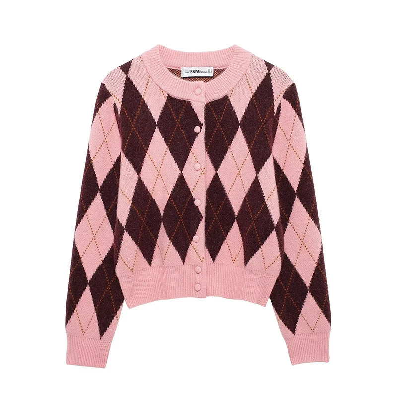 Willshela Women Fashion Plaid Single Breasted Knitted Sweater Vintage O-Neck Long Sleeves Female Chic Lady Outfits 250804