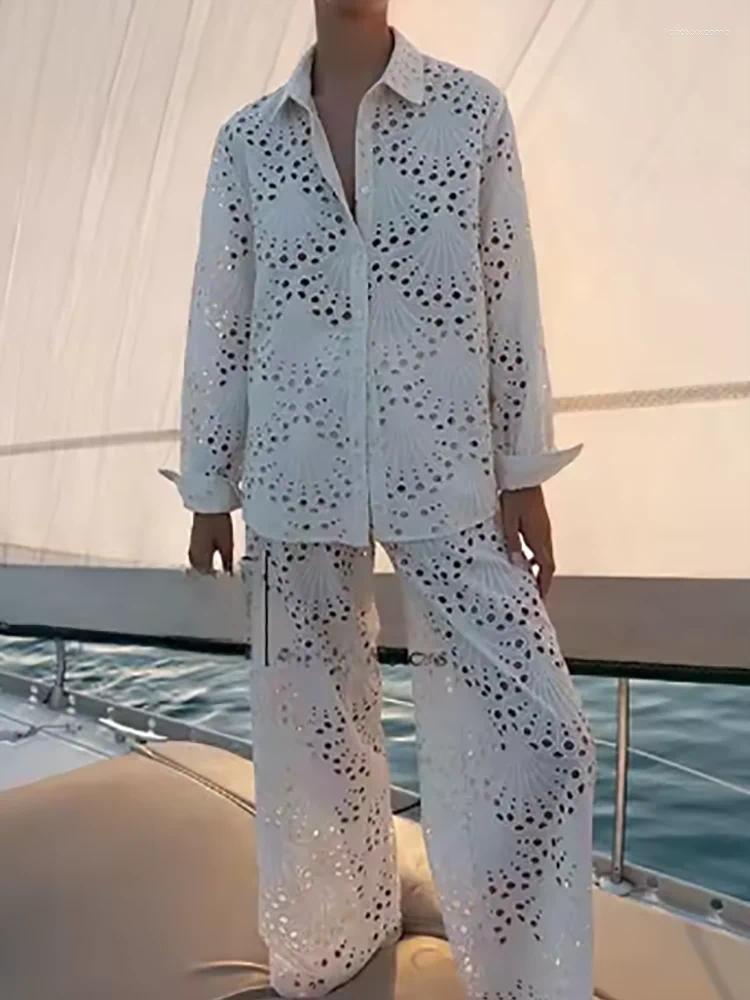 Women's Two Piece Pants Casual Solid Straight Outfits 2025 Spring Summer Hollow Vacation Lapel Long Sleeve Shirt And Beach Suit