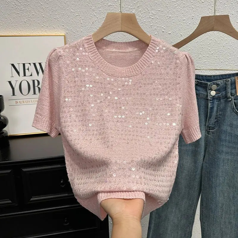 Summer Sweater Short-sleeved T-shirt for Women Temperament and Fashionable Versatile Half-sleeved Sweater Sequin Top 250801