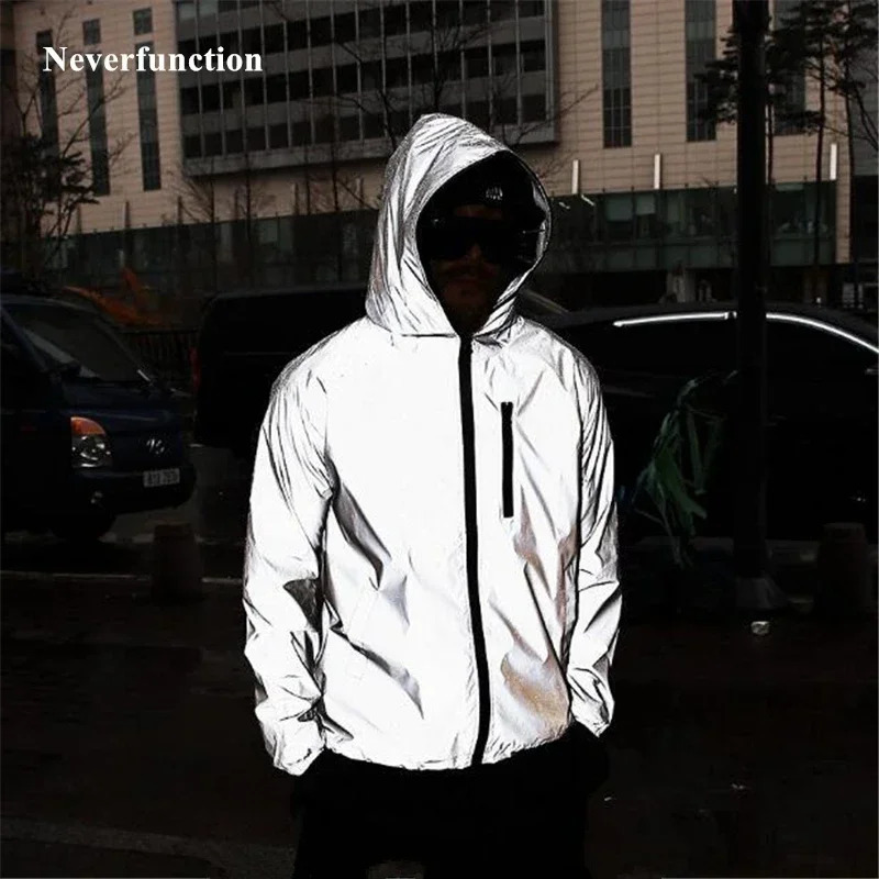 Plus Size 4XL Men Spring Autumn full reflective Windbreaker waterproof Jacket male High street hip hop Loose Hooded Coats 250804